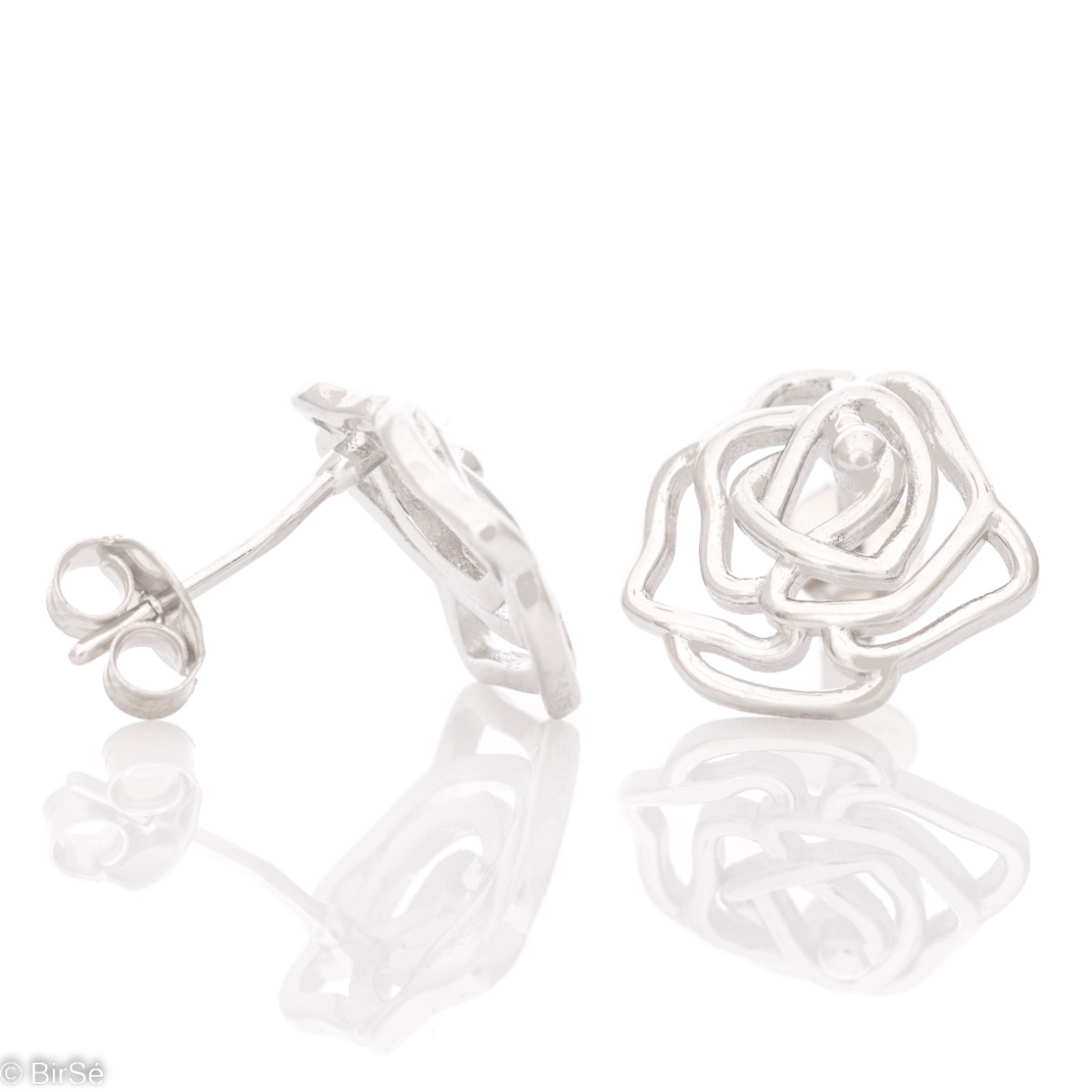 Delicate women's stud earrings with an exquisite shape of a beautiful rose, made entirely of shiny rhodium-plated silver. Beautiful jewelry for elegant ladies.