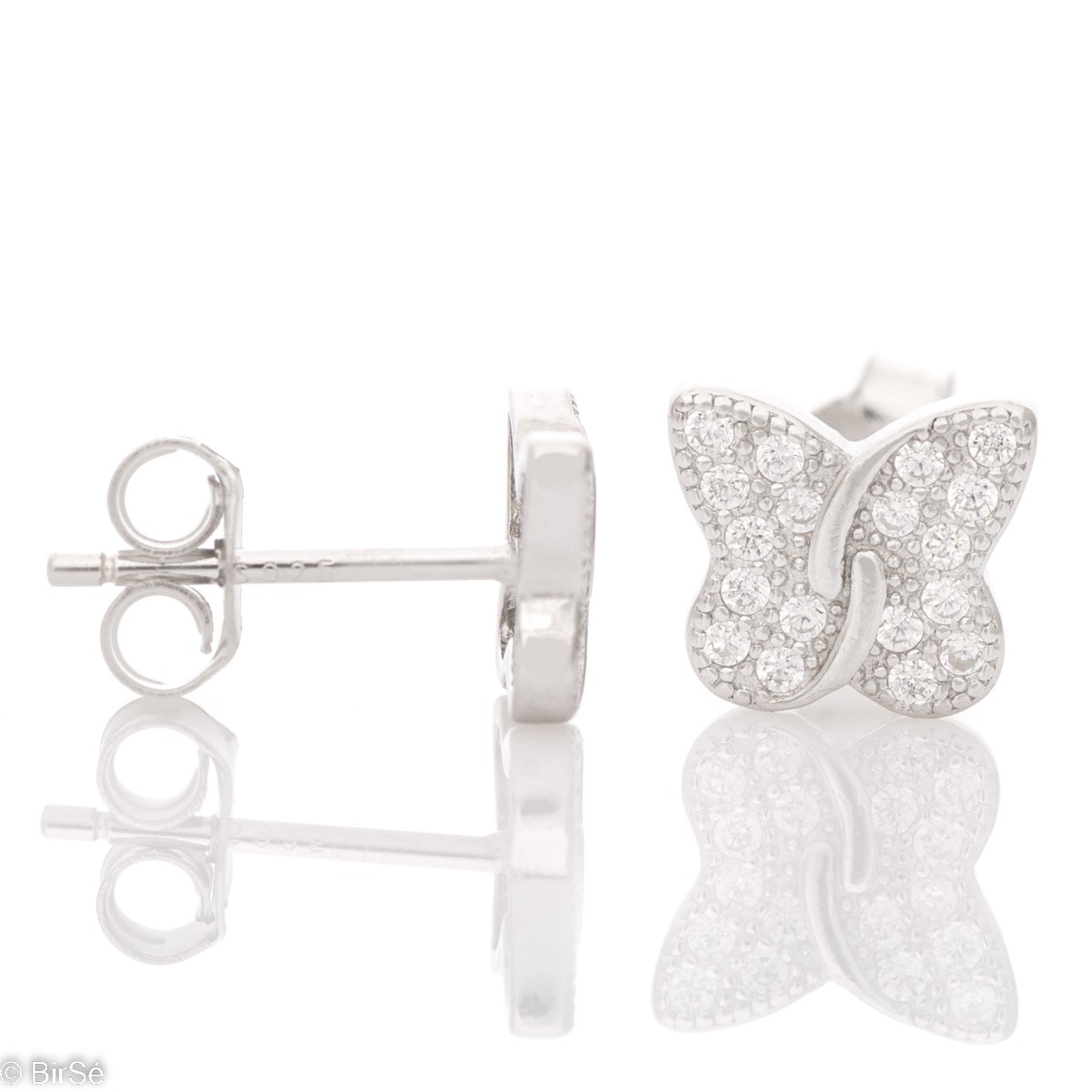 Fine and delicate stud earrings with precision craftsmanship all in glittering rhodium silver and a charming little butterfly shape. Countless dazzling zircons add extra charm to the jewelry.