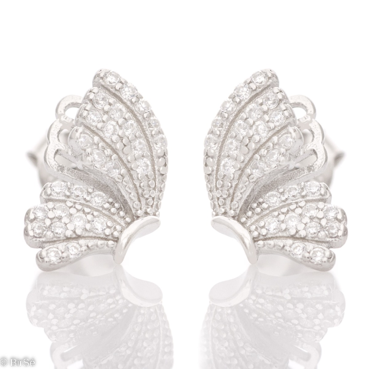 Elegant women's earrings in rhodium silver with stud fastening and glittering wing-shaped zircons. Stylish earrings with a delicate look, suitable for ladies of all ages.