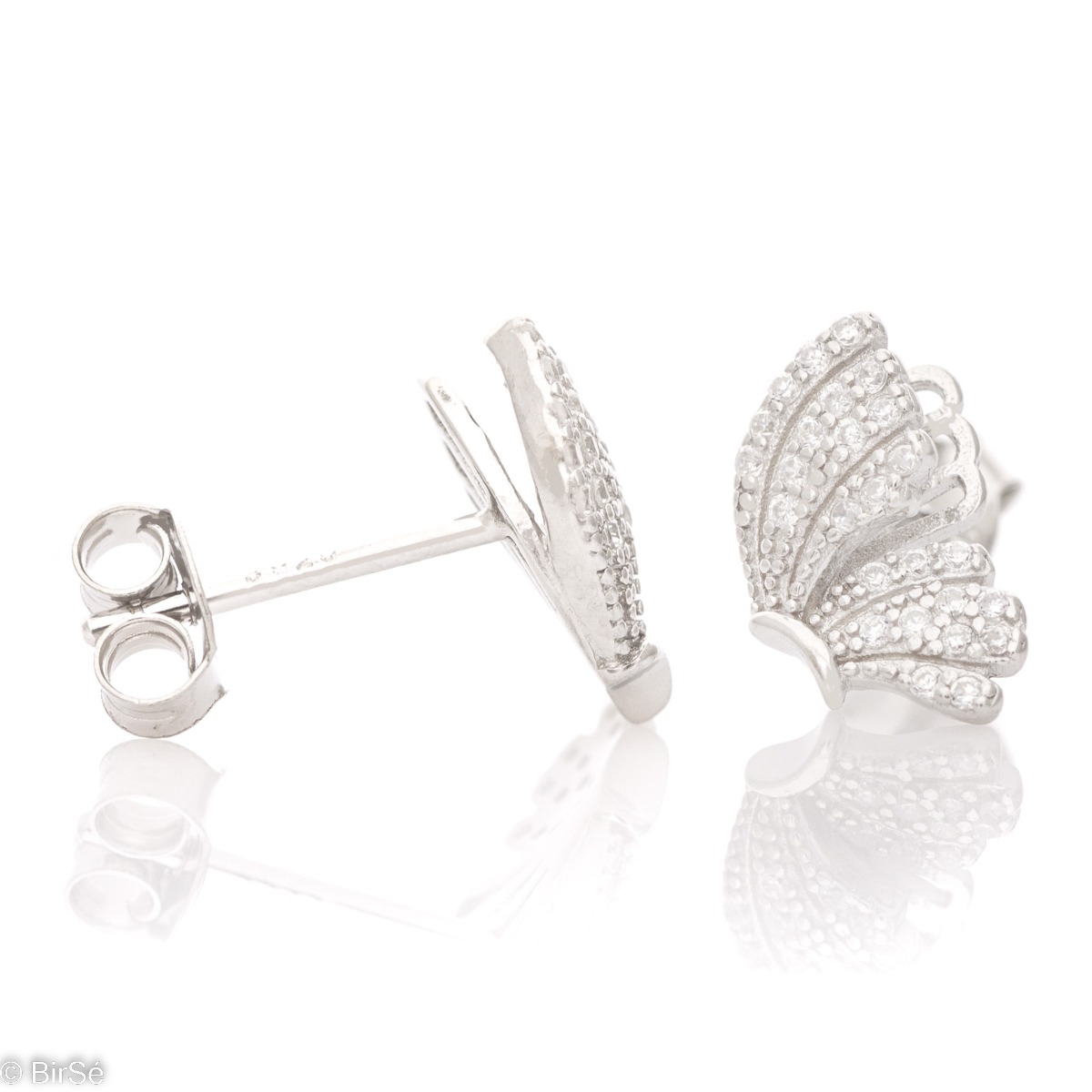 Elegant women's earrings in rhodium silver with stud fastening and glittering wing-shaped zircons. Stylish earrings with a delicate look, suitable for ladies of all ages.