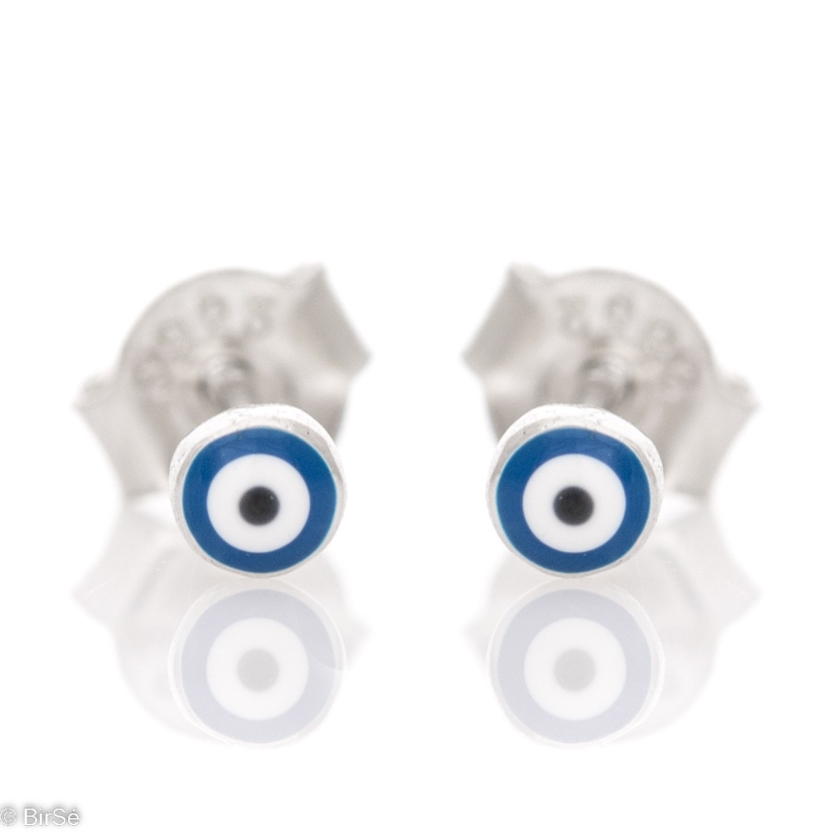 Simple stud earrings in fine rhodium silver. The only accent of the earrings is a blue eye, exquisitely shaped from blue-white enamel. Suitable jewelry for children and ladies due to the reduced weight.