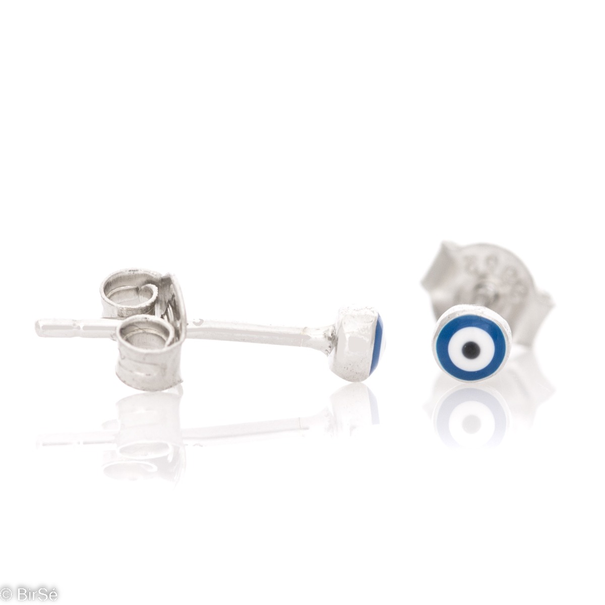 Simple stud earrings in fine rhodium silver. The only accent of the earrings is a blue eye, exquisitely shaped from blue-white enamel. Suitable jewelry for children and ladies due to the reduced weight.