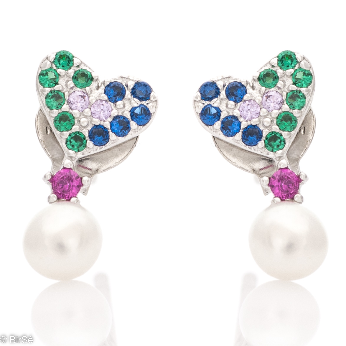 Charming women's heart earrings, made by an elegant combination of rhodium-plated silver, fine multi-colored zircons and a delicate pearl. Colorful earrings for smiling moments and summer mood.