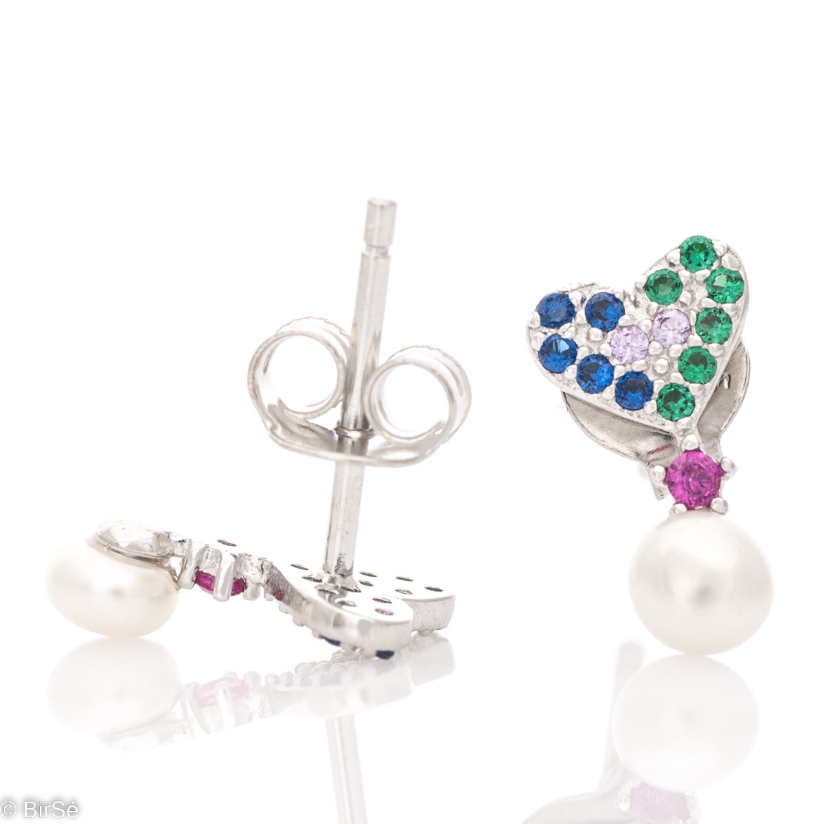 Charming women's heart earrings, made by an elegant combination of rhodium-plated silver, fine multi-colored zircons and a delicate pearl. Colorful earrings for smiling moments and summer mood.