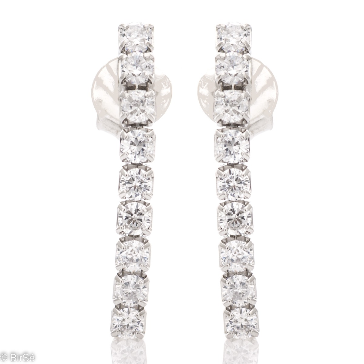 Spectacular women's earrings, with a tempting design of a row of sparkling zircons laid on fine rhodium-plated silver. Earrings are a suitable piece of jewelry for any special occasion.