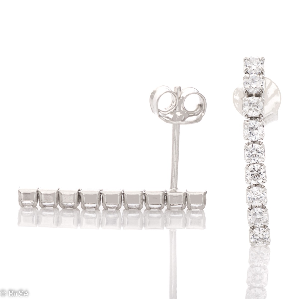 Spectacular women's earrings, with a tempting design of a row of sparkling zircons laid on fine rhodium-plated silver. Earrings are a suitable piece of jewelry for any special occasion.