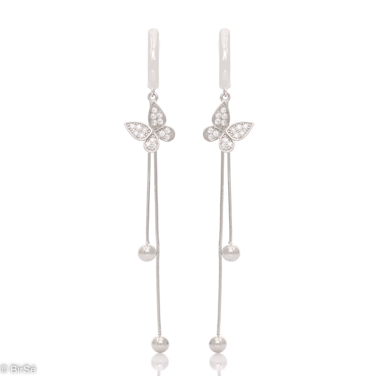 Exquisite dangle earrings for ladies who like butterfly jewelry. Crafted from elegant rhodium-plated silver, butterflies beautifully sparkle from the zircons that adorn them. And fine chains with balls at the end complete the design and add extra charm.