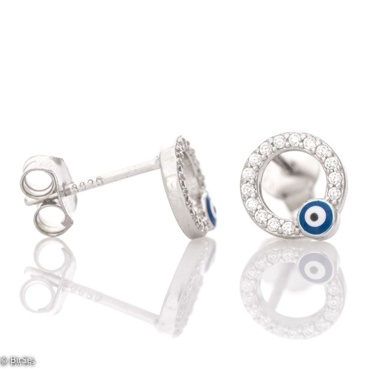 Elegantly crafted women's earrings in delicate rhodium silver with a circle shape and a coating of dazzling zircons. A small blue eye is the different accent in the earrings, which feature a comfortable pin fastening.