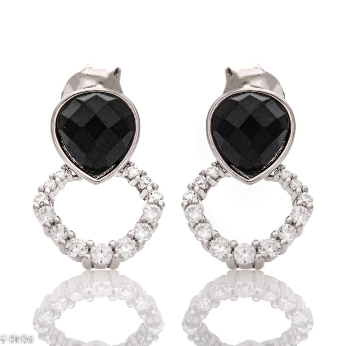 Fine sterling silver stud earrings with precision craftsmanship entirely in rhodium-plated silver and elements encrusted with sparkling zircons paired with captivating onyx.