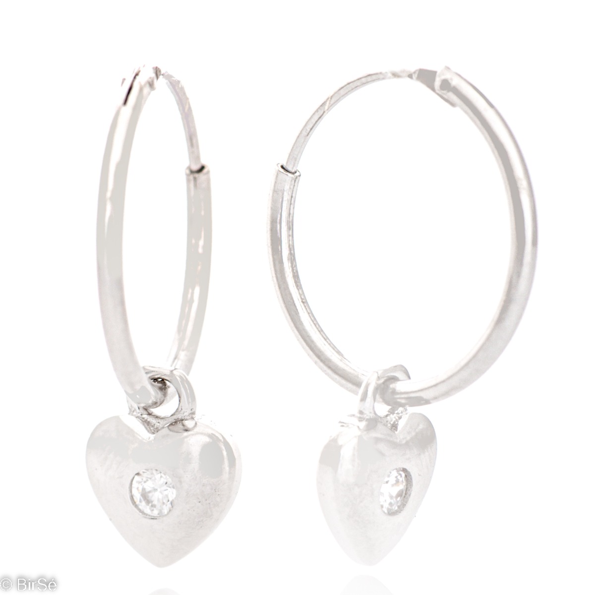 Elegant ladies hoop earrings made of fine rhodium silver with heart pendants.