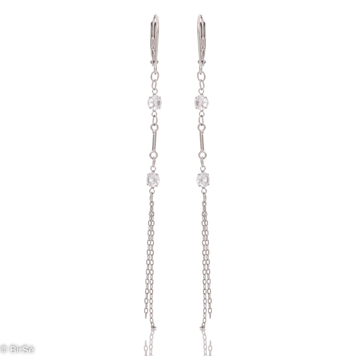 Charming dangling earrings in fine rhodium silver, with delicate chains decorated with zircons. Willow fastening - comfortable and practical for ladies. Suitable for your everyday life.