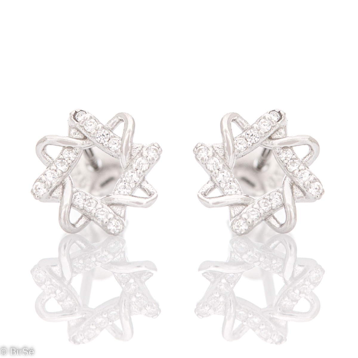 Charming women's earrings, exquisitely crafted by interwoven silver elements and with the glamorous participation of zircons. The fastening is with a pin. Earrings are a beautiful proposal for a gift to a beloved woman.