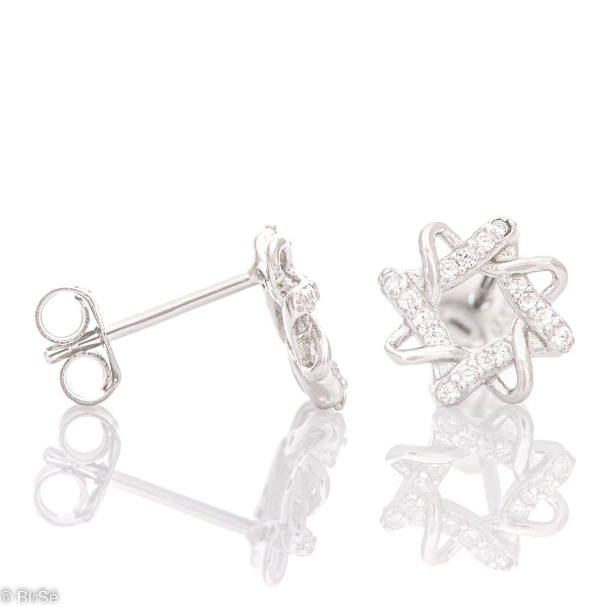 Charming women's earrings, exquisitely crafted by interwoven silver elements and with the glamorous participation of zircons. The fastening is with a pin. Earrings are a beautiful proposal for a gift to a beloved woman.