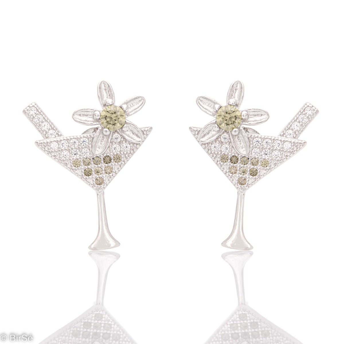 Lovely earrings made of fine rhodium-plated silver in the shape of a cocktail glass, elegantly decorated with colorful zircons. A spectacular piece of jewelry for a party and a good mood.