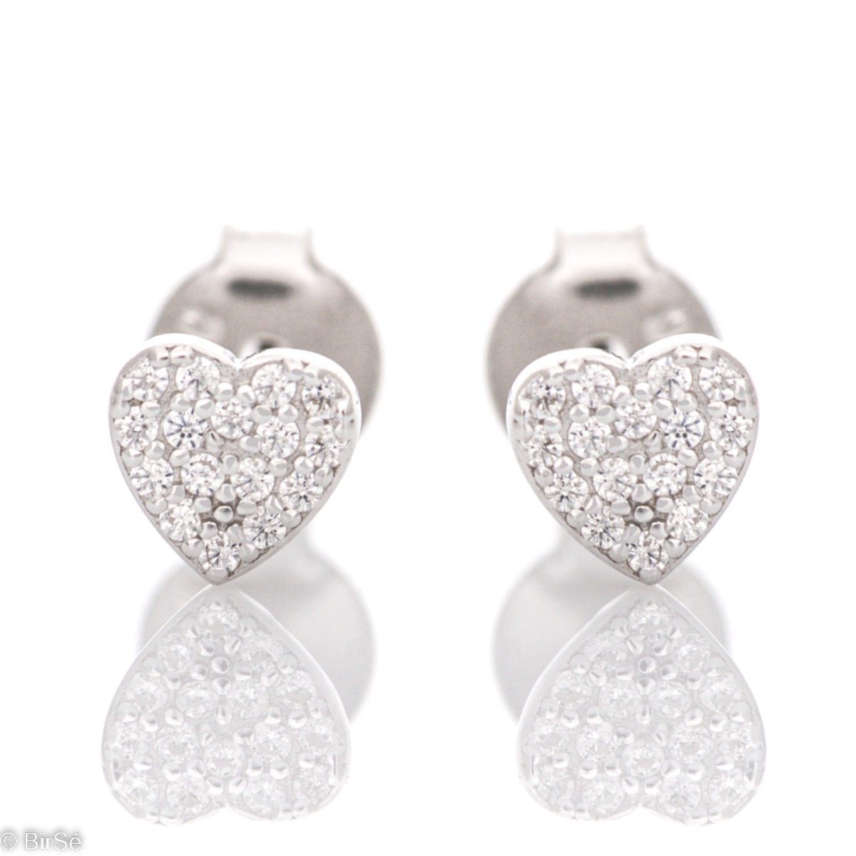 Spectacular rhodium-plated silver heart-shaped earrings for women studded with dazzling zircons. The earrings have a convenient pin fastening, suitable for little girls.