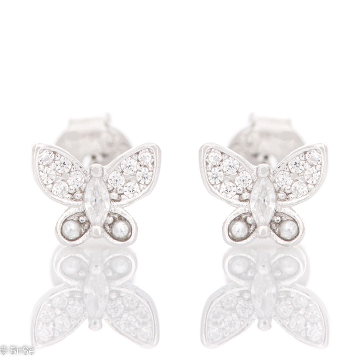 Extremely delicate sterling silver stud earrings, finely crafted entirely in rhodium-plated sterling silver, complemented by sparkling cubic zirconias and a delicate butterfly shape.