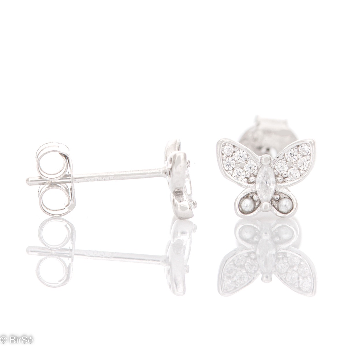 Extremely delicate sterling silver stud earrings, finely crafted entirely in rhodium-plated sterling silver, complemented by sparkling cubic zirconias and a delicate butterfly shape.