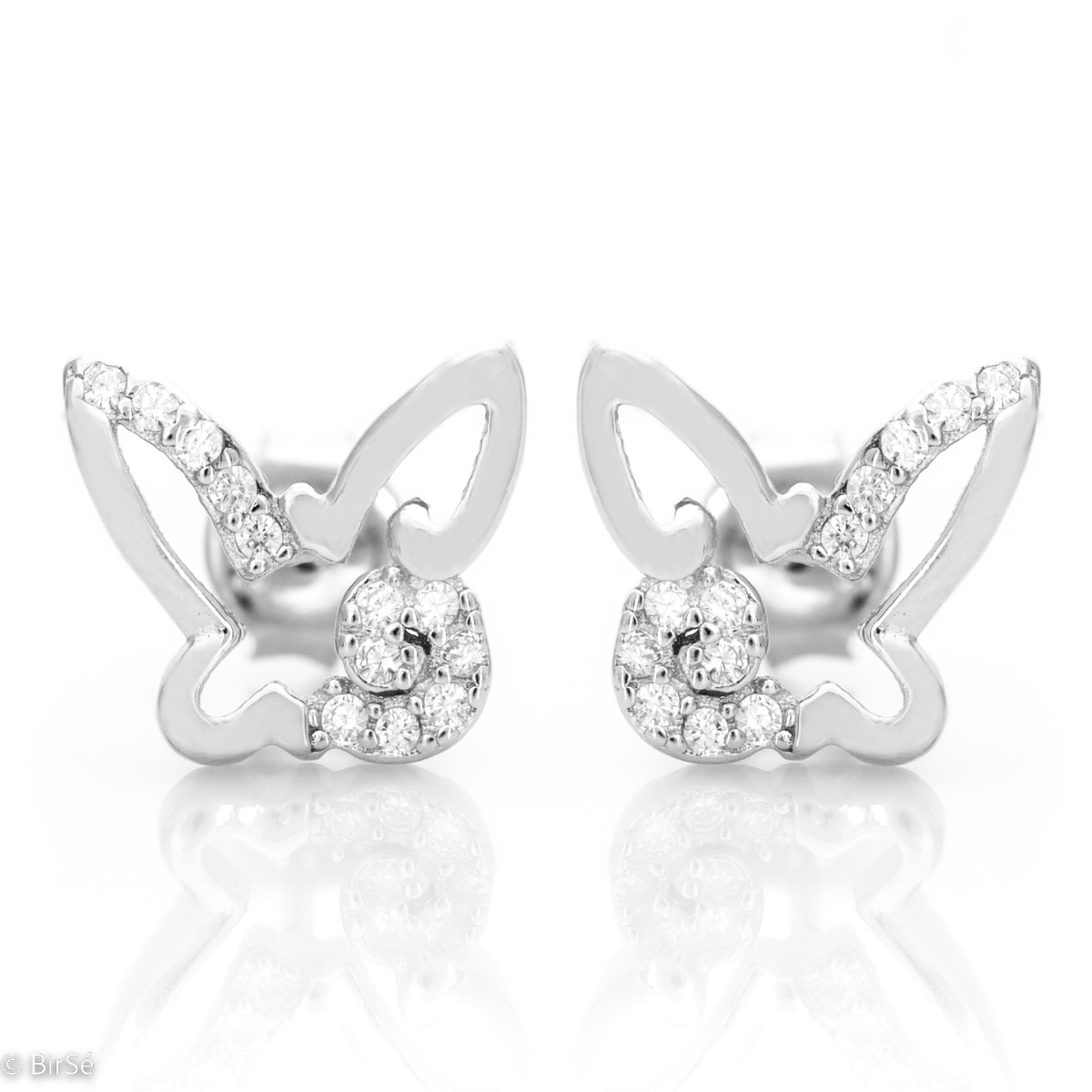 Extremely delicate sterling silver stud earrings, finely crafted entirely from rhodium-plated sterling silver, complemented by sparkling cubic zirconias and a delicate butterfly shape.