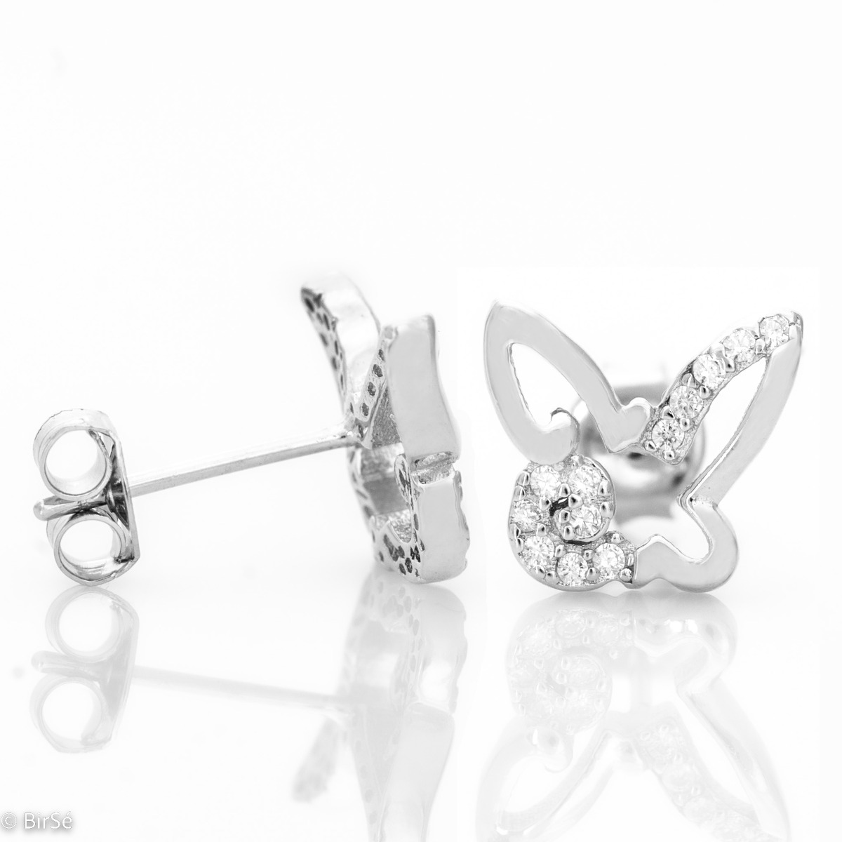 Extremely delicate sterling silver stud earrings, finely crafted entirely from rhodium-plated sterling silver, complemented by sparkling cubic zirconias and a delicate butterfly shape.