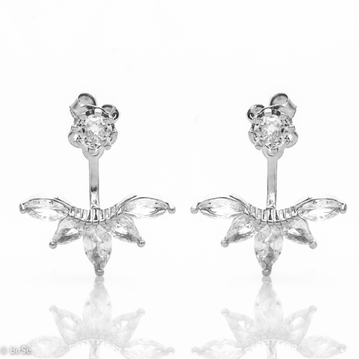 Spectacular women's jewelry - rhodium-plated silver earrings in combination with shiny zircons. The model consists of two parts, made with a modern and stylish look.