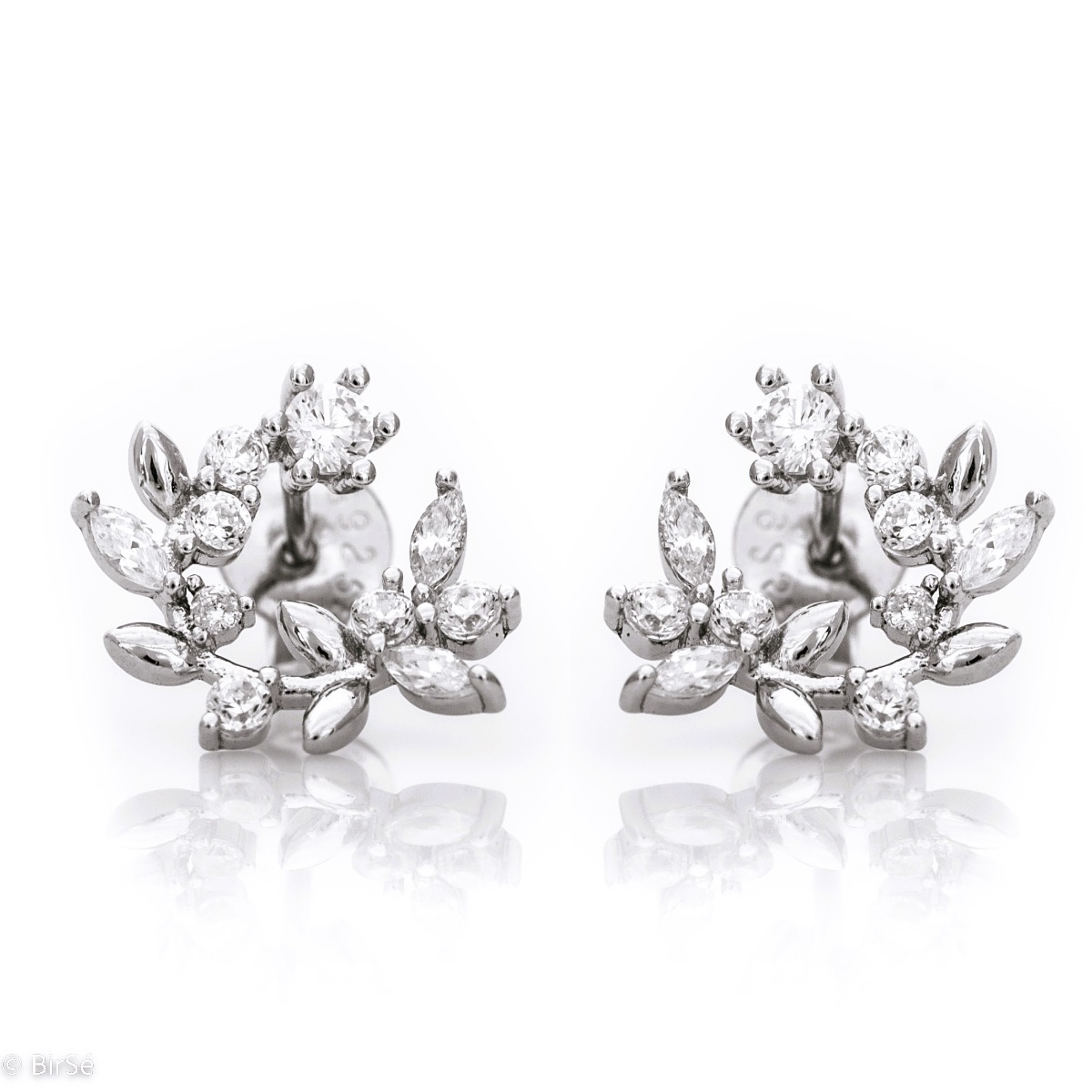 Extremely delicate women's stud earrings with an exquisite shape, complemented by sparkling zircons and precise craftsmanship entirely in rhodium-plated silver. A lovely gift for a beloved woman.