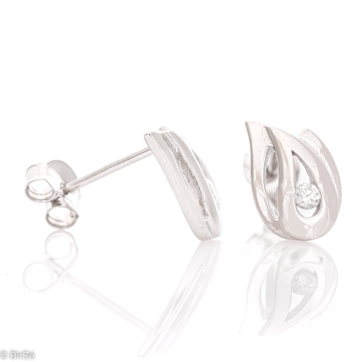 Extremely delicate women's stud earrings with an exquisite shape, complemented by sparkling zircons and precise craftsmanship entirely in rhodium-plated silver. The pin fastening makes them extremely comfortable.