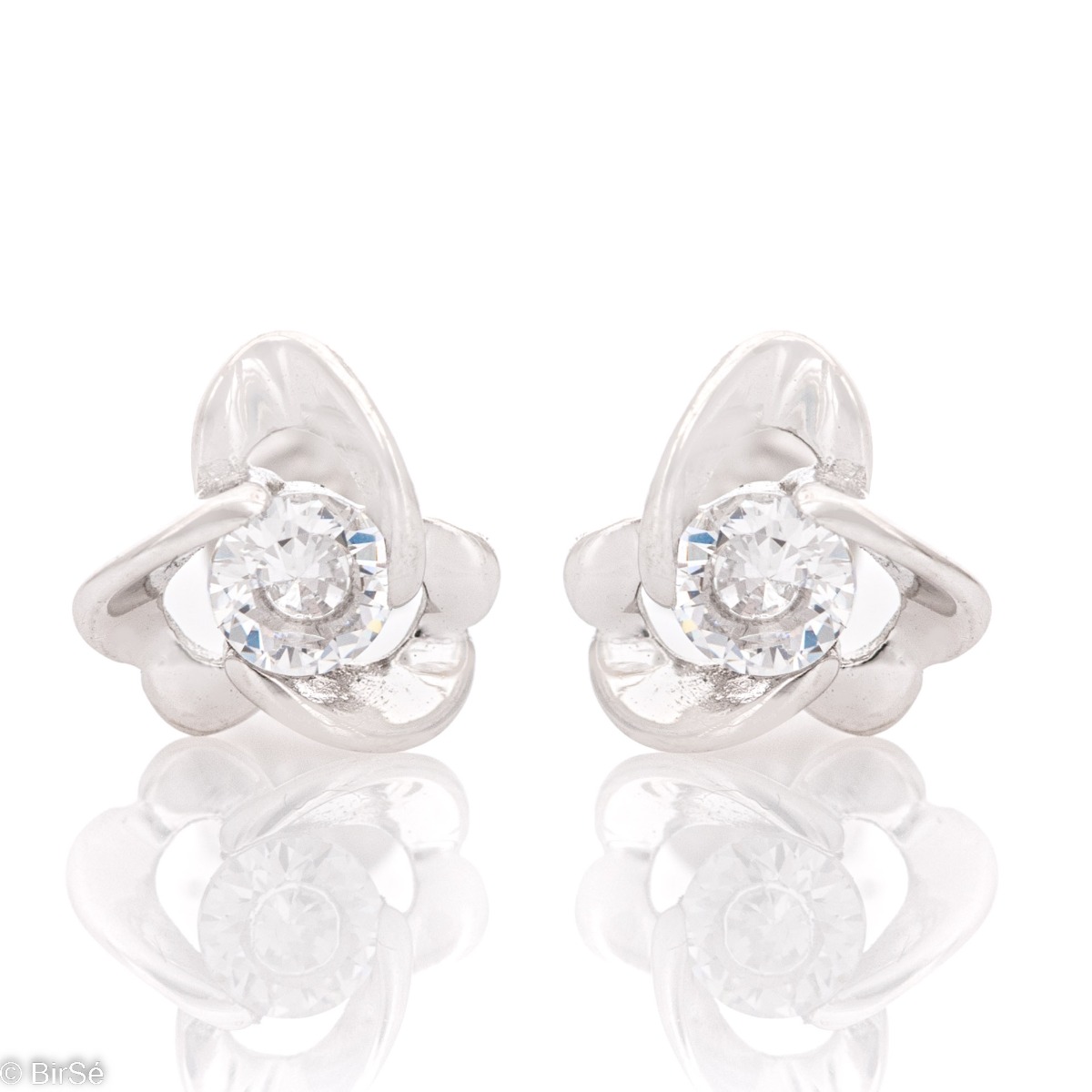 Delicate women's stud earrings with delicate flowers, complemented by a sparkling zircon in each and crafted in beautiful rhodium-plated sterling silver. Suitable for small and large ladies.