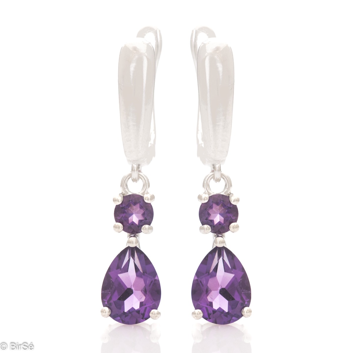 Natural Amethyst Sterling Silver Earrings - Exquisite English Clasp Dangle Earrings. Finely cast silver and majestic natural drop-shaped amethyst. Complete with a ring and pendant with the same elegant design.