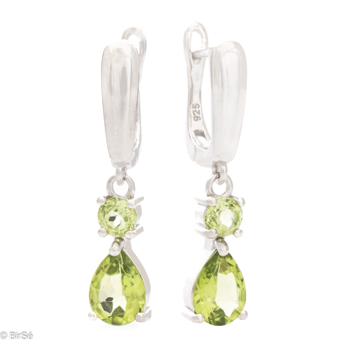 The beauty of peridot is captured in a pair of English clasp dangle earrings that are eager to be yours. They suit every face type, hair color and style, and rhodium silver will add a touch of elegance to them.