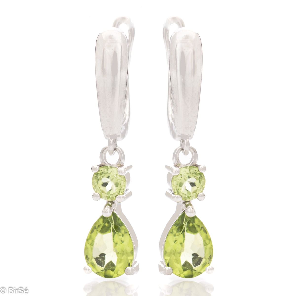 The beauty of peridot is captured in a pair of English clasp dangle earrings that are eager to be yours. They suit every face type, hair color and style, and rhodium silver will add a touch of elegance to them.