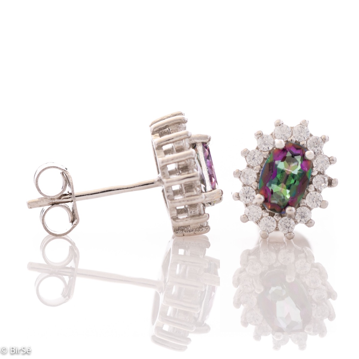 Exquisite women's stud earrings with precision craftsmanship and a delicate marquise design, combining rhodium-plated silver with natural mystic topaz and sparkling zircons.