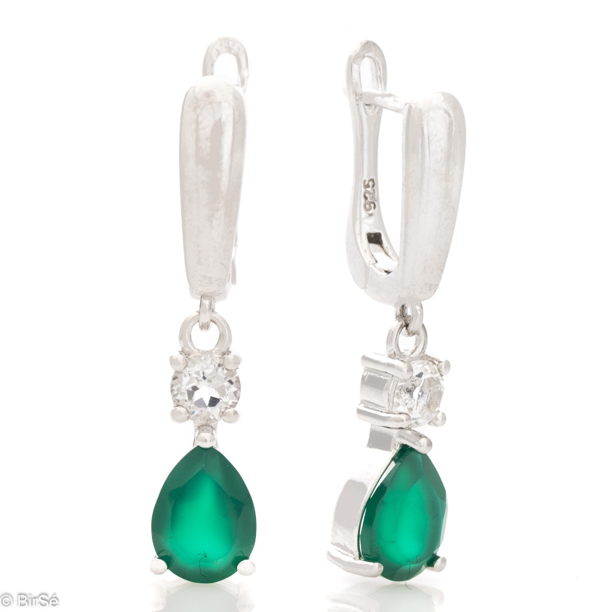 Natural Green Agate Sterling Silver Earrings - Fancy English Clasp Dangle Earrings. Finely cast silver in combination with delicate zircon and natural teardrop-shaped green agate. Complete with a ring and pendant with the same elegant design.