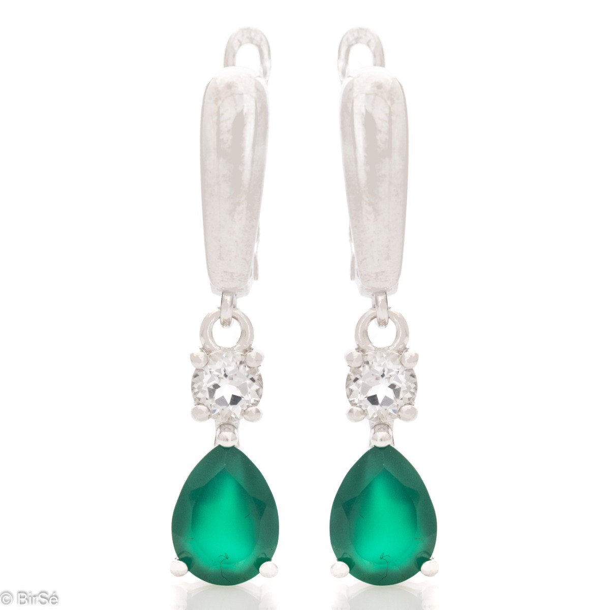 Natural Green Agate Sterling Silver Earrings - Fancy English Clasp Dangle Earrings. Finely cast silver in combination with delicate zircon and natural teardrop-shaped green agate. Complete with a ring and pendant with the same elegant design.