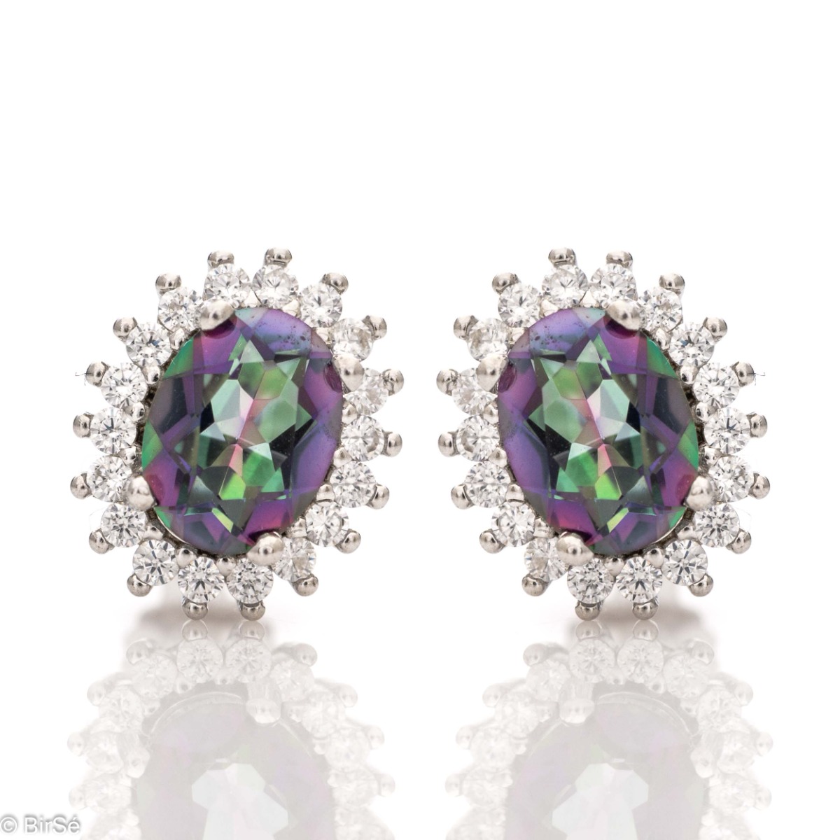 Radiant women's stud earrings with precision craftsmanship made entirely of rhodium-plated silver, combined with a delicate natural Mystic Topaz surrounded by sparkling zircons.