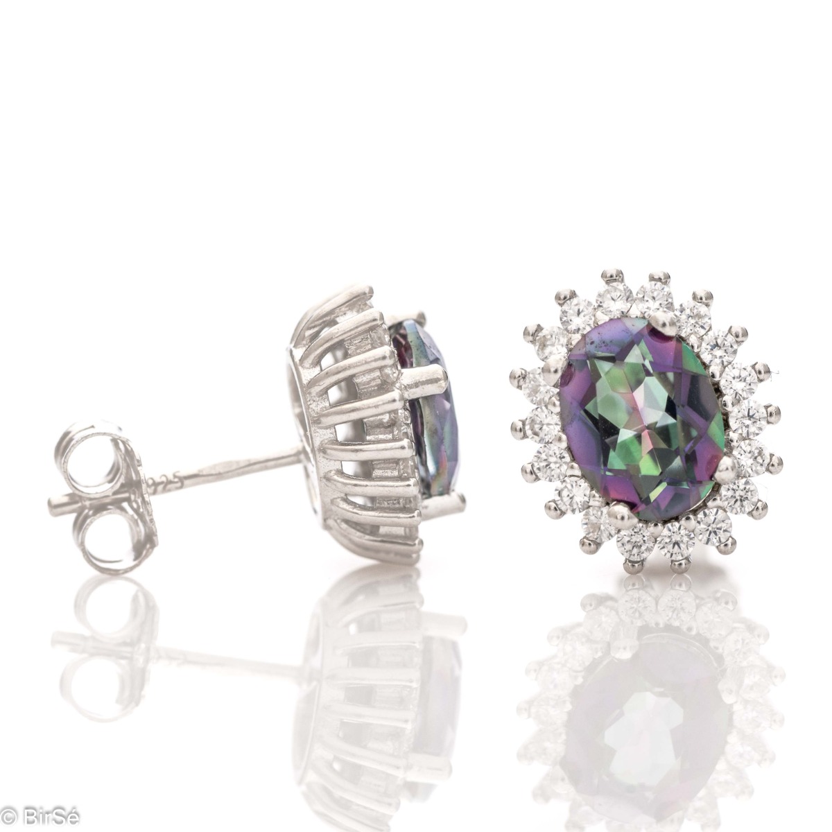 Radiant women's stud earrings with precision craftsmanship made entirely of rhodium-plated silver, combined with a delicate natural Mystic Topaz surrounded by sparkling zircons.