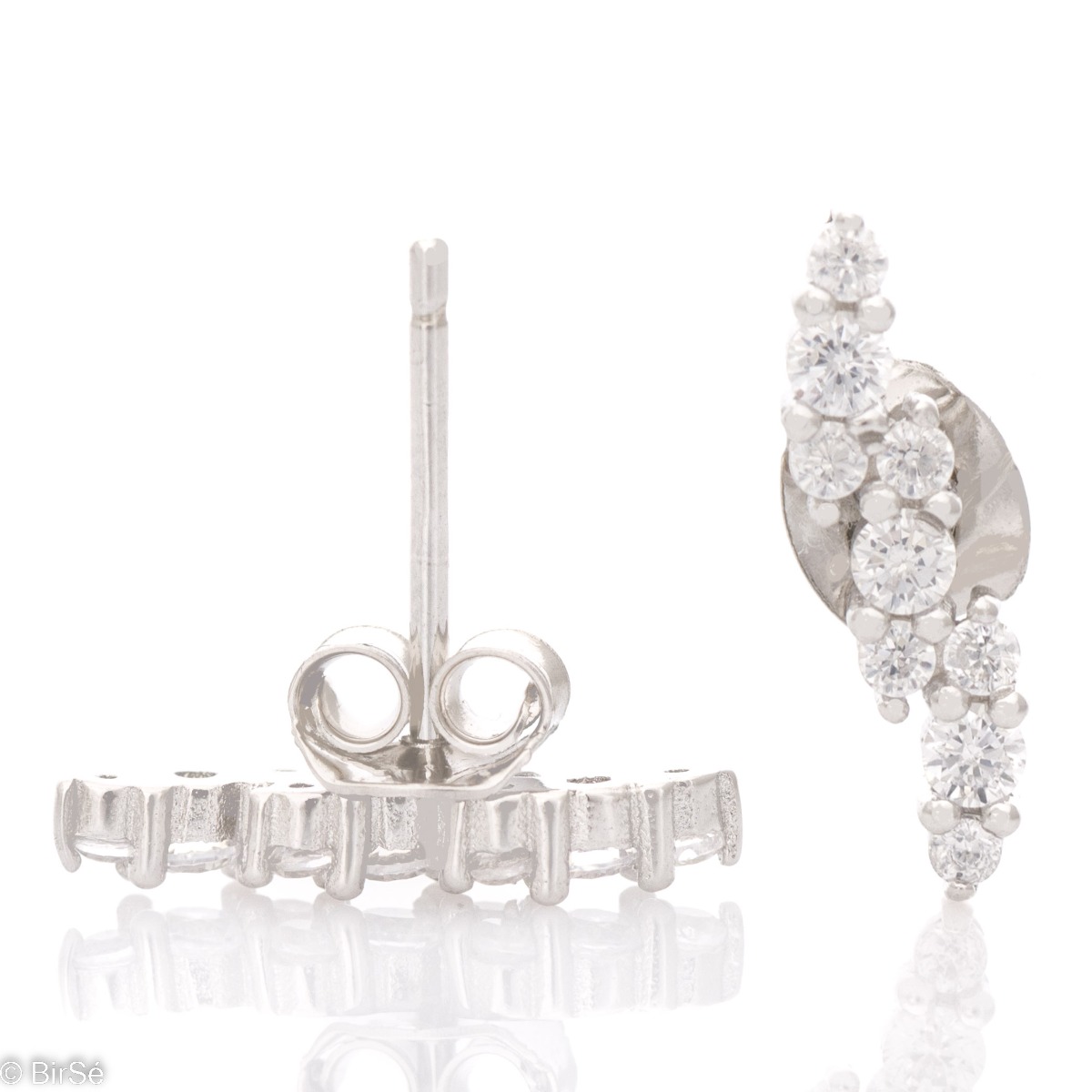 Elegant women's earrings with a pin fastening and elegant craftsmanship combining delicate rhodium silver with radiant glittering zircons.