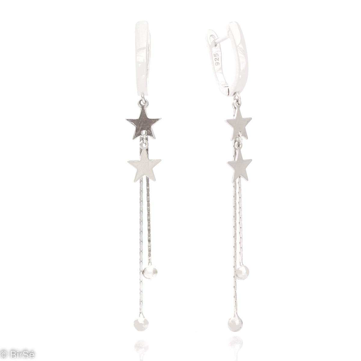 Unique rhodium silver dangle earrings with English clasp and delicate craftsmanship combining fine chains, stars and silver balls. Suitable for the office or a pleasant walk in the park.