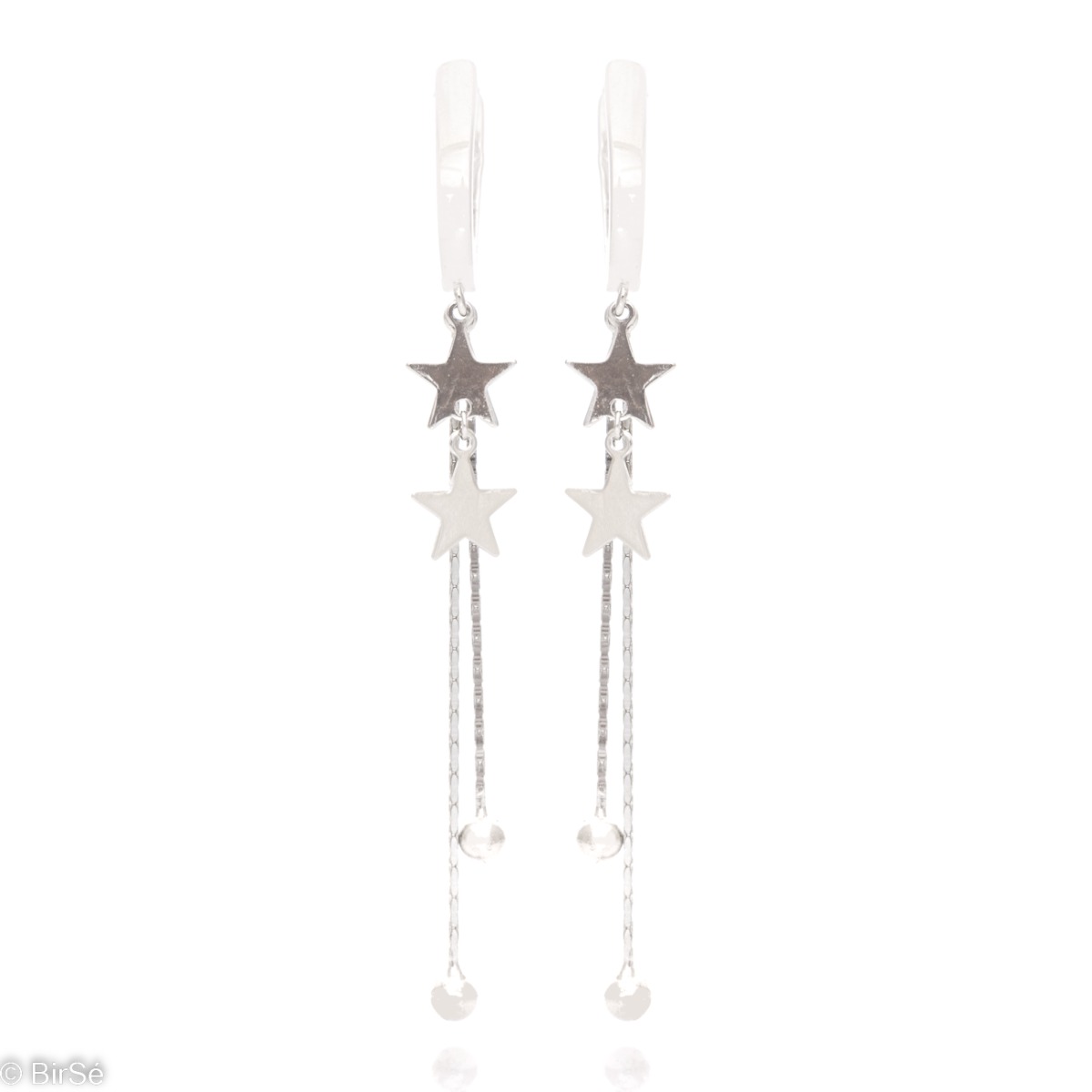 Unique rhodium silver dangle earrings with English clasp and delicate craftsmanship combining fine chains, stars and silver balls. Suitable for the office or a pleasant walk in the park.