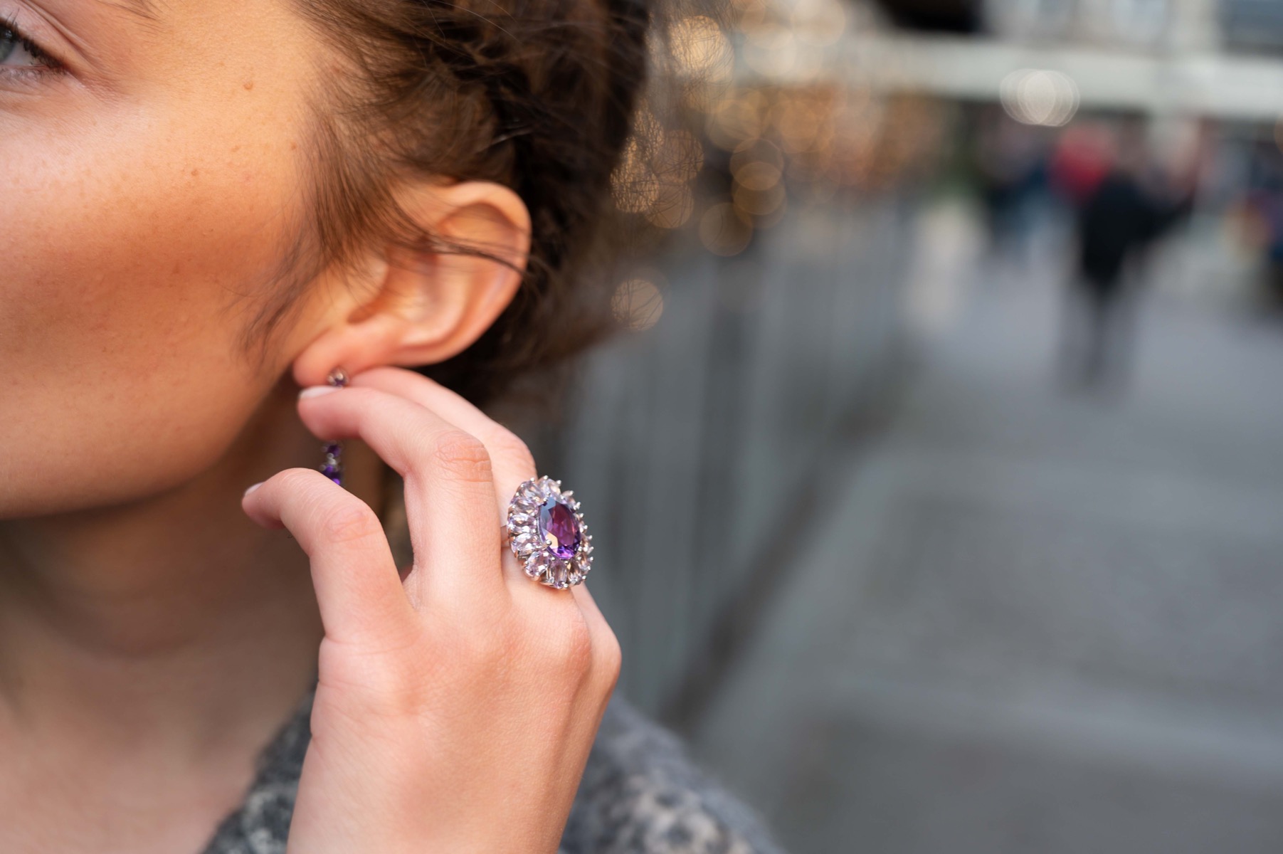 A delicate beautiful flower of natural sparkling amethysts and rhodium silver. The unique ring is suitable for ladies who prefer large jewelry. It can be combined with suitable earrings and a pendant.