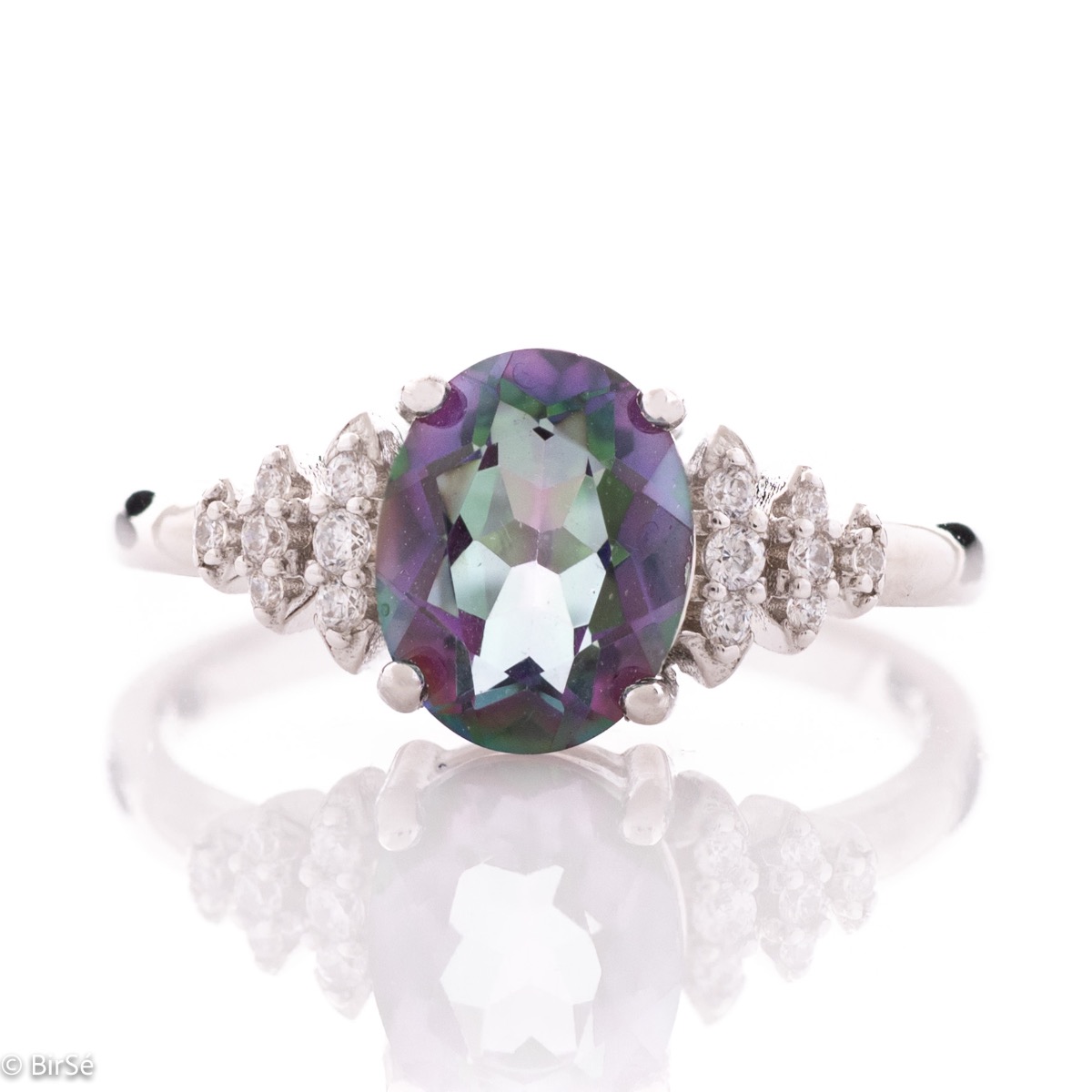 An elegant women's ring with precision craftsmanship entirely of shiny rhodium silver and a spectacular pineapple shape of natural mystic topaz stone with zircons.