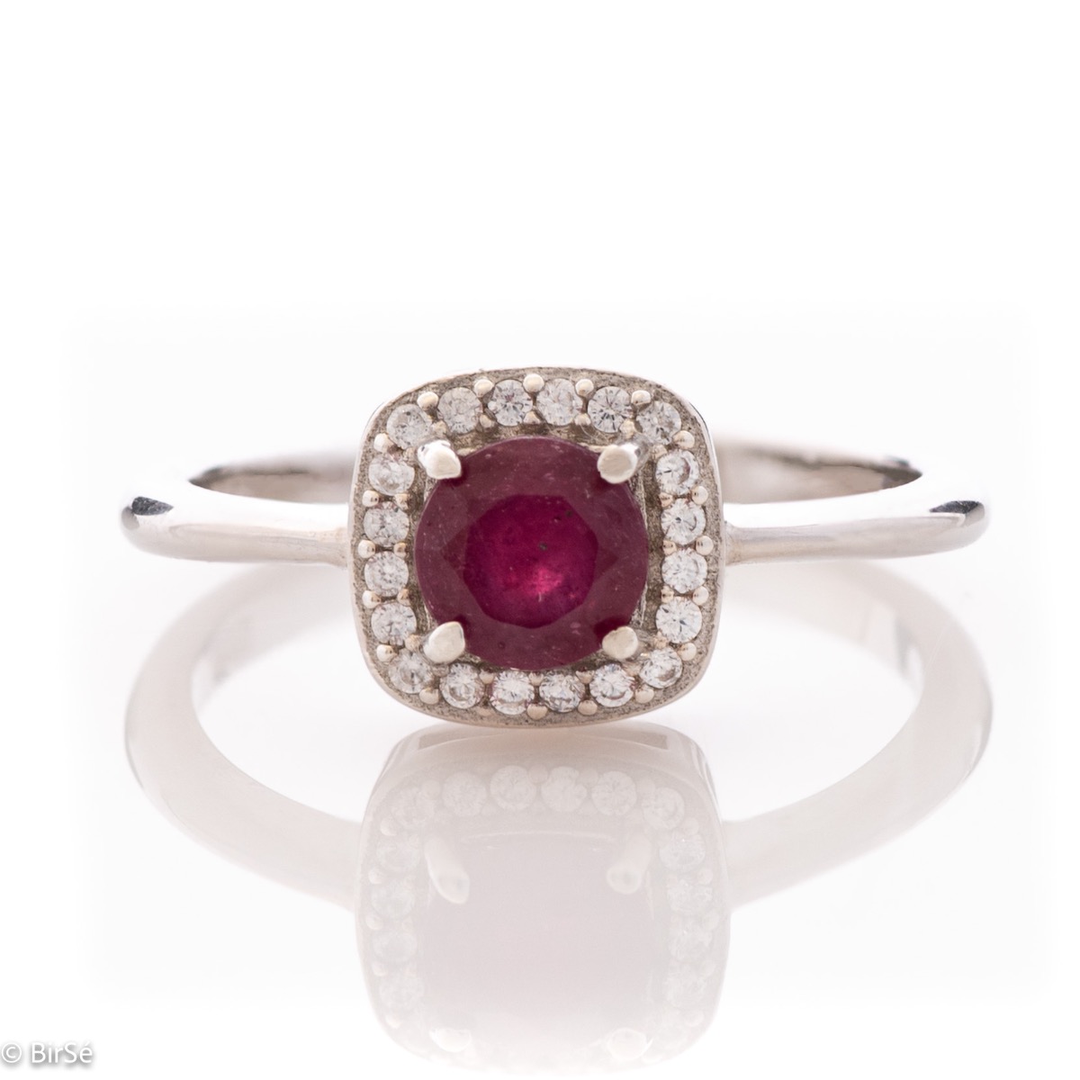 Gentle Silver Ring with Ruby and Zirconi Square