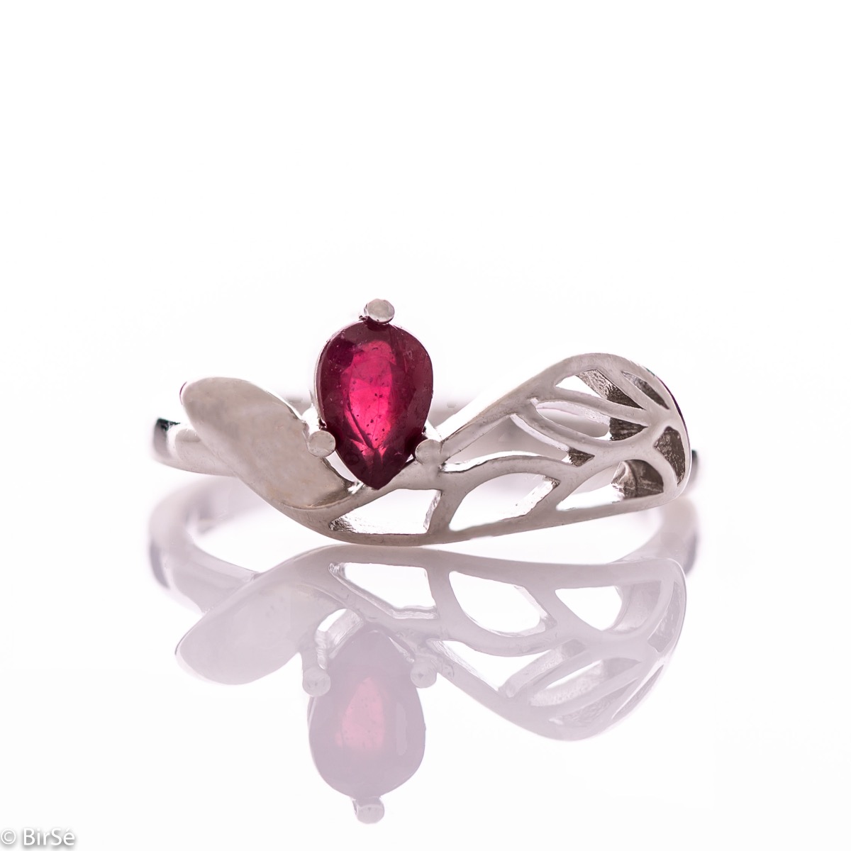 Spectacular Silver Ring with Drop-Shaped Natural Ruby