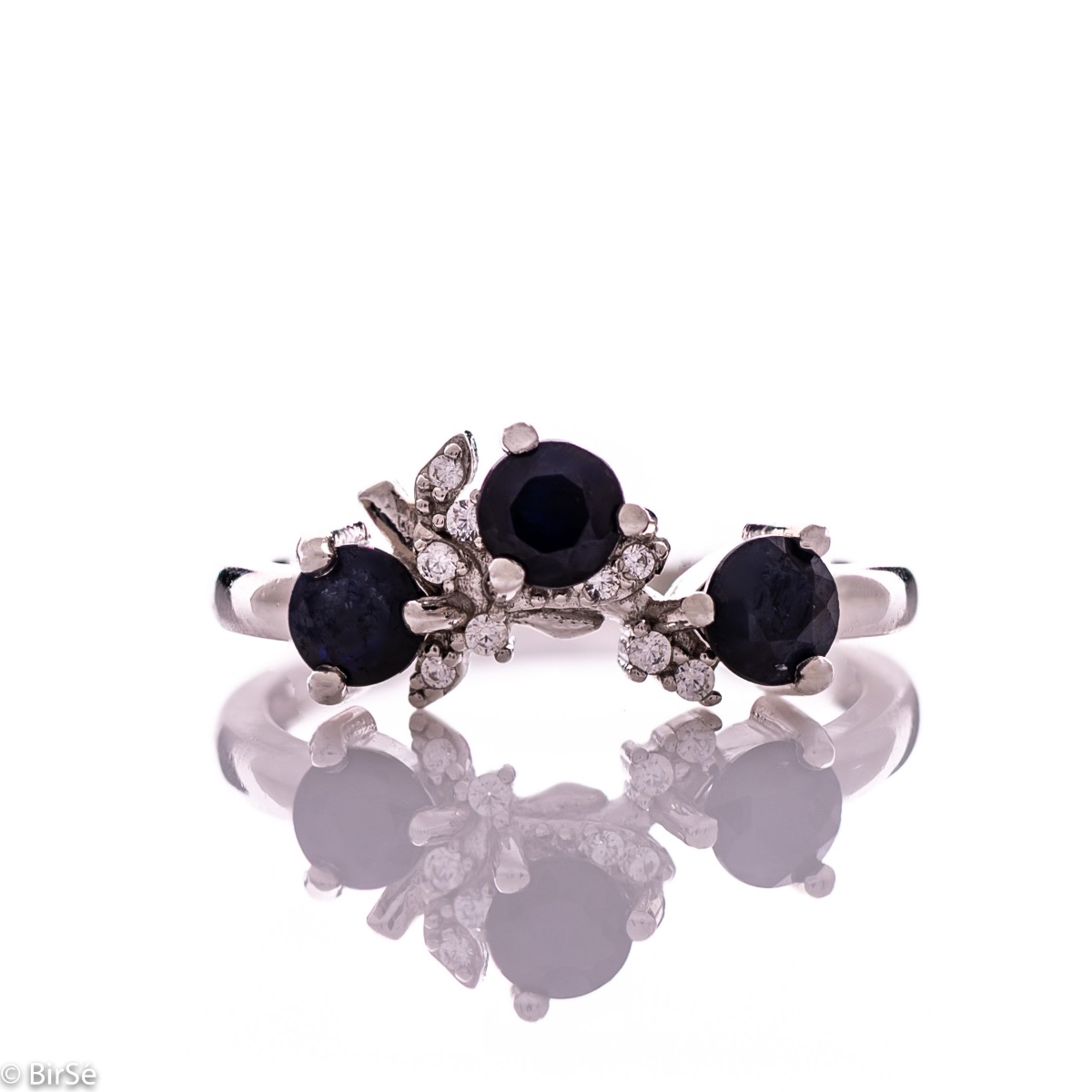 Exquisite Silver Ring with Natural Sapphire and Zirconi