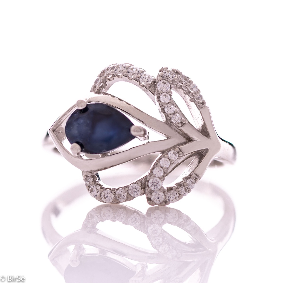 Exquisite Silver Ring with Natural Sapphire and Zirconi