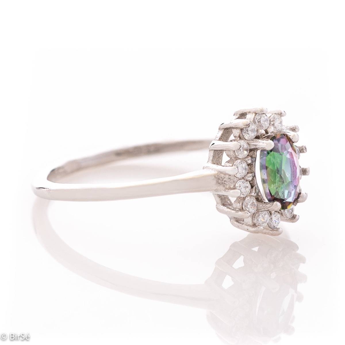 An elegant ladies' marquise ring with a unique and delicate design, combining a radiant natural stone, mystic topaz, surrounded by sparkling zircons and elegant rhodium-plated silver.