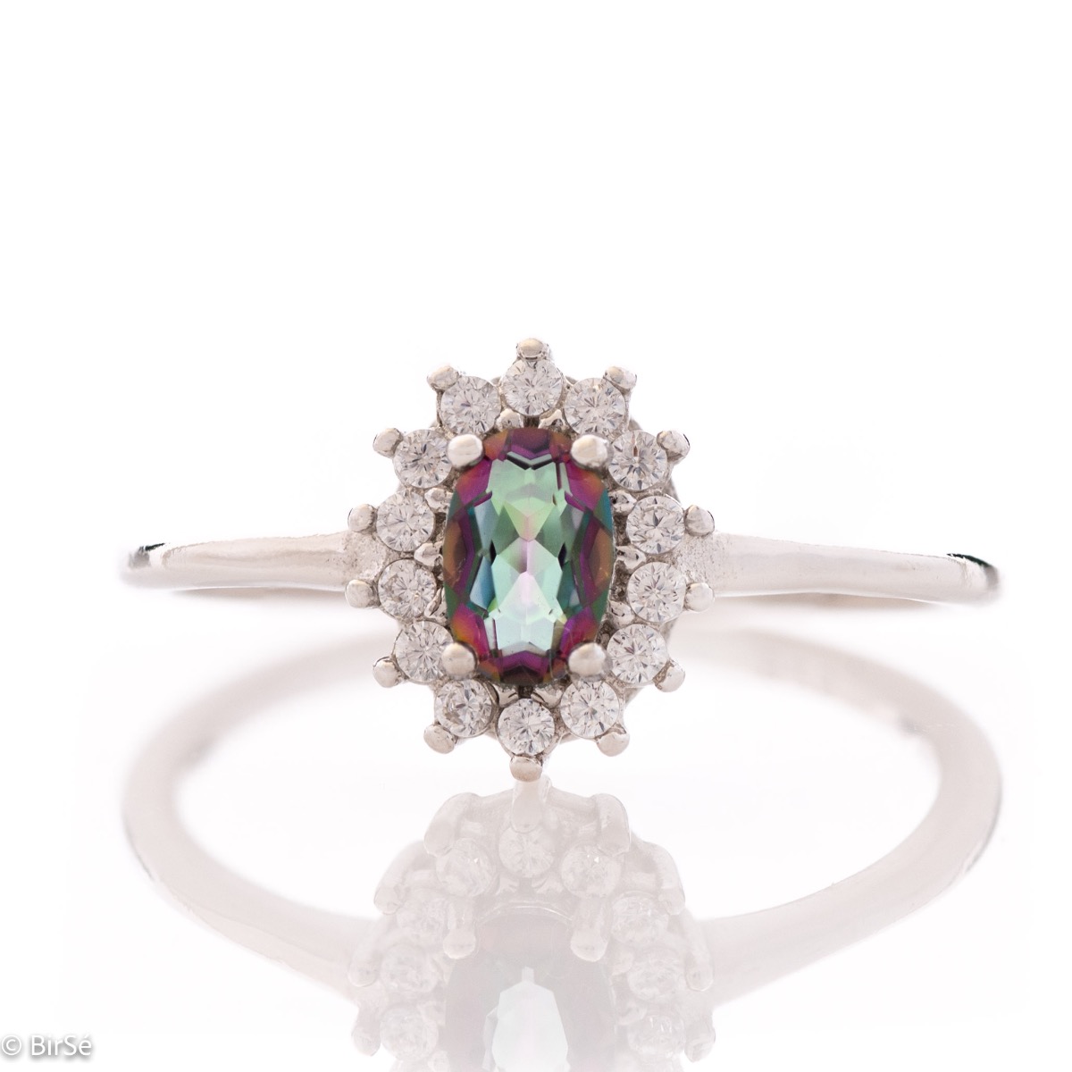 An elegant ladies' marquise ring with a unique and delicate design, combining a radiant natural stone, mystic topaz, surrounded by sparkling zircons and elegant rhodium-plated silver.