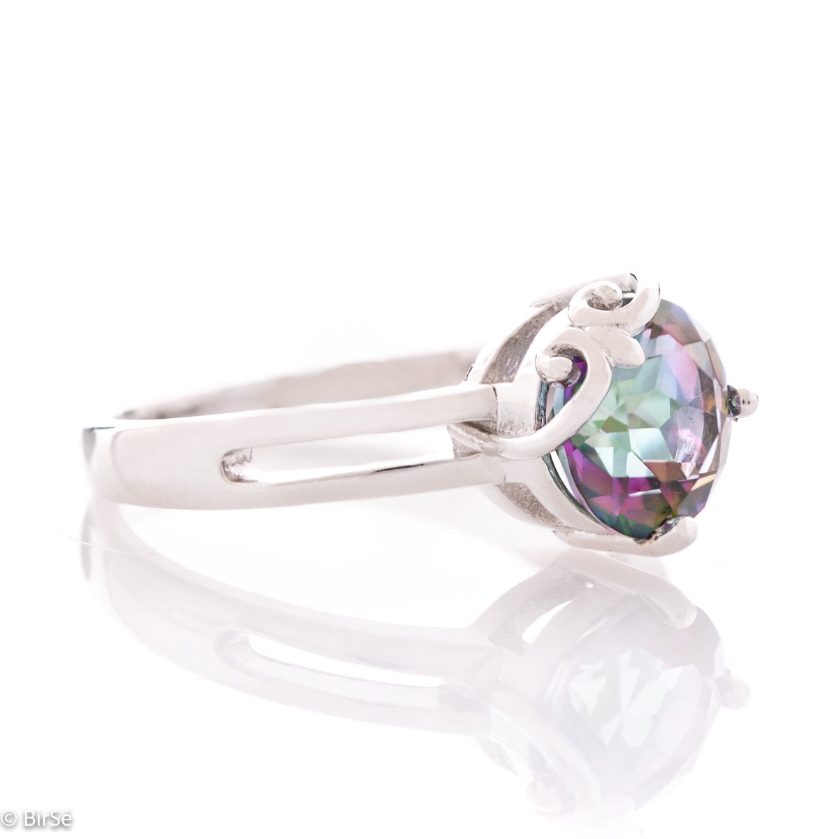 A spectacular women's ring with delicate detailing, combining a multi-colored and radiant natural stone, mystic topaz, with beautiful rhodium-plated silver.