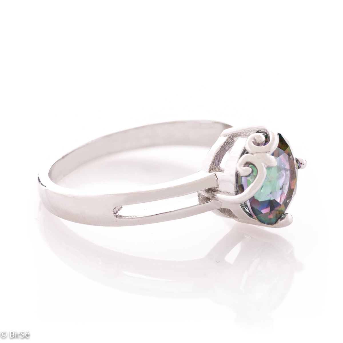 A spectacular women's ring with delicate detailing, combining a multi-colored and radiant natural stone, mystic topaz, with beautiful rhodium-plated silver.