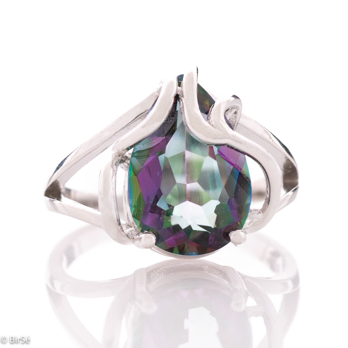 A unique women's ring made of exquisite rhodium-plated silver with gentle curves, intertwining the glow of a natural mystic topaz stone in a beautiful teardrop shape.