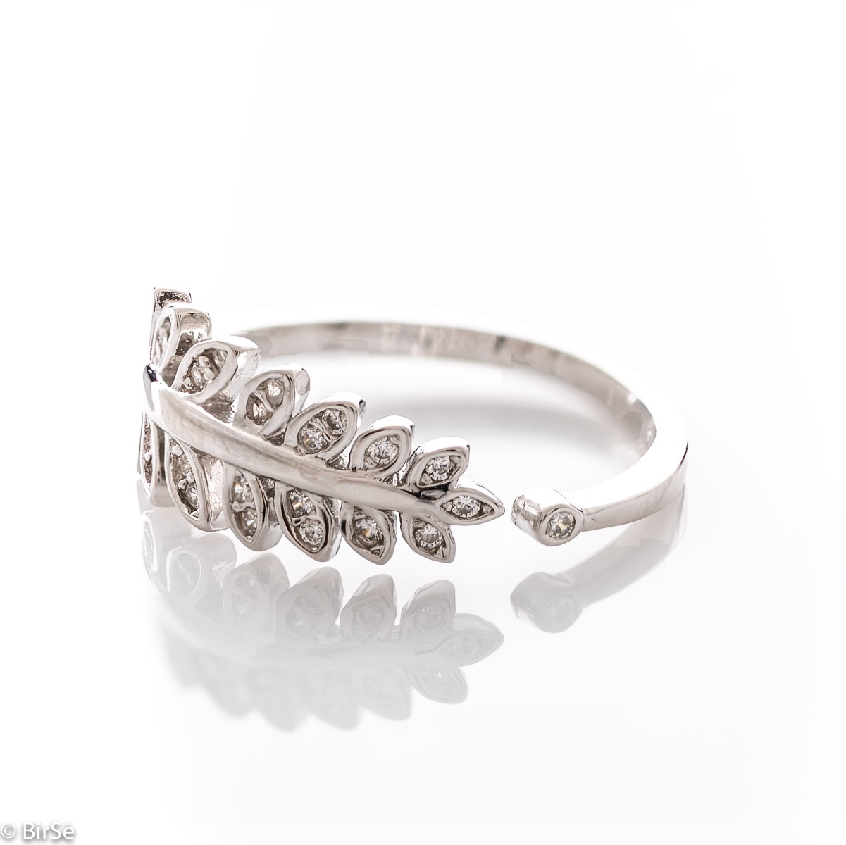 An elegant women's ring with a precise craftsmanship entirely of rhodium-plated silver and a shape of a delicate branch with fine petals of sparkling zircons. Its adjustable size makes it suitable for every lady.